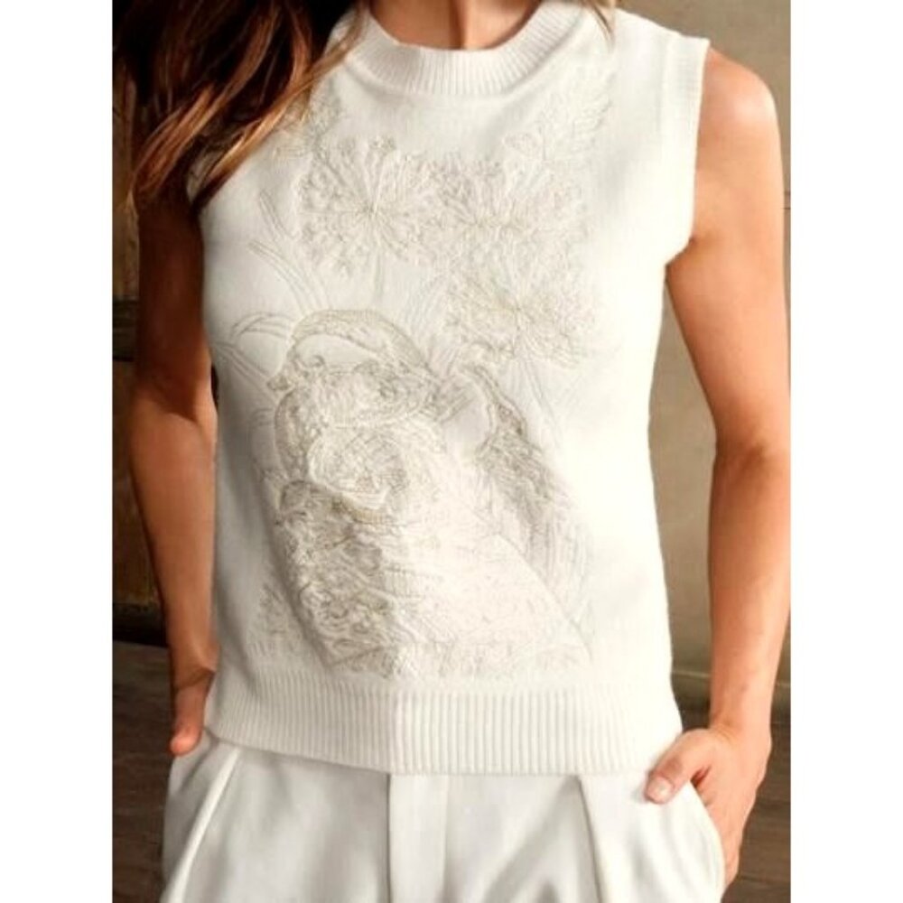 Anewsta Sweater Women Large White Gold‎ Embroidered Floral Duck Knit Vest NWT